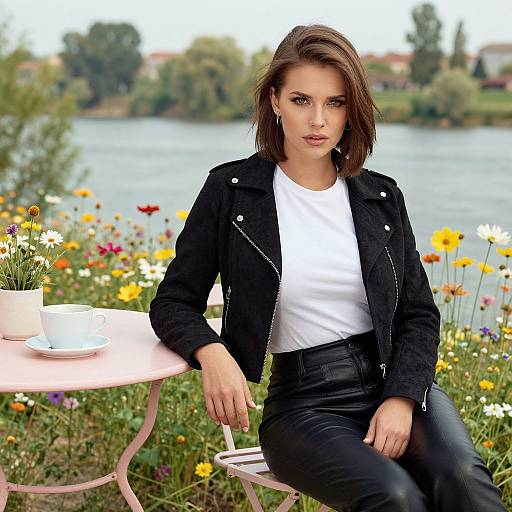 Photograph of a brunette woman with shoulder-length hair, wearing a black leather jacket, white shirt, and black jeans, sitting by a pink table with