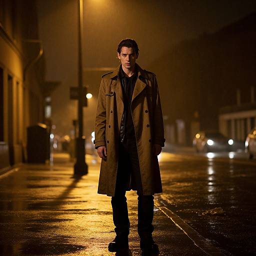 Photograph of a serious-looking man in a long brown coat standing on a wet, illuminated, foggy night street. Warm streetlights cast an orange