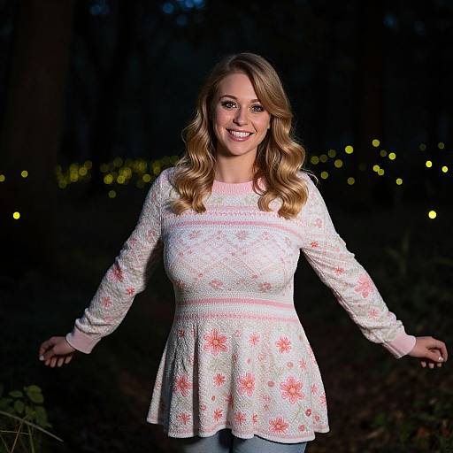 Photograph of a smiling blonde woman with wavy hair, wearing a white knitted sweater with pink floral patterns, standing in a dark forest with twink