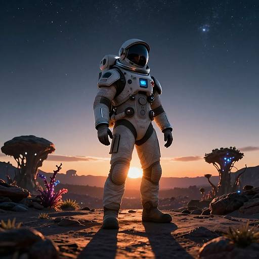 Digital artwork of a silhouetted astronaut with glowing equipment, standing on a rocky, alien landscape at sunset, stars in the darkening sky.