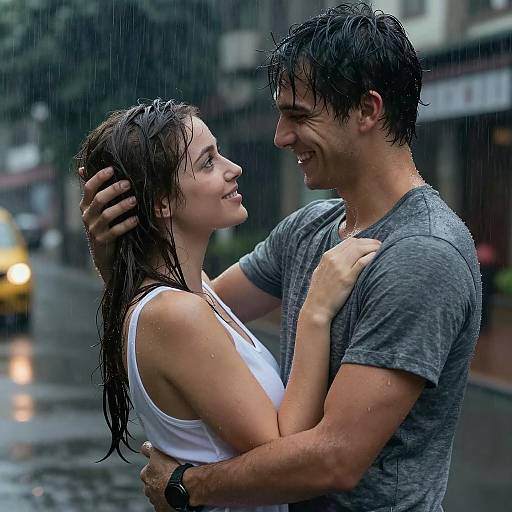 Romantic Rainstorm Embrace in Urban Setting