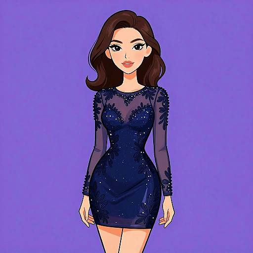 Digital illustration of a fair-skinned woman with wavy brown hair, wearing a sheer, dark blue dress adorned with floral lace patterns, against a solid
