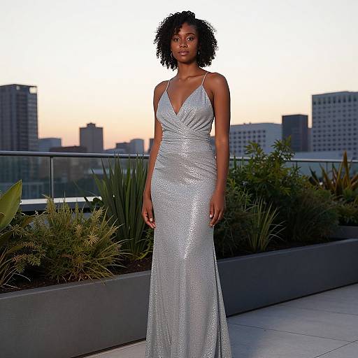 Photograph of a confident Black woman with curly hair in a shimmering silver, deep V-neck, floor-length gown, standing on a rooftop terrace at