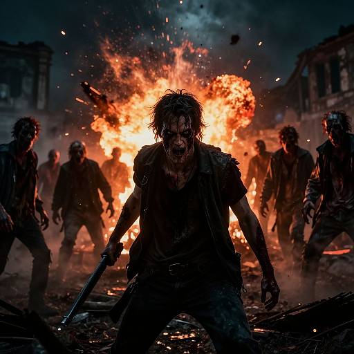 Photograph of a fierce, bloody, disheveled man with wild hair and tattered clothes, wielding a gun, standing in front of a blazing