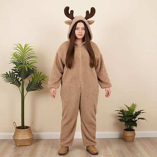 Photograph of a smiling woman with long brown hair, wearing a tan, fuzzy reindeer onesie with antlers, standing against a beige wall with