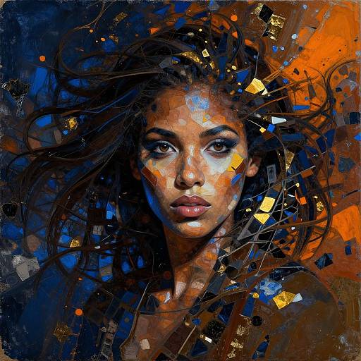 Digital abstract portrait of a dark-haired woman with intense gaze, blended with vivid blue, orange, and brown geometric patterns.