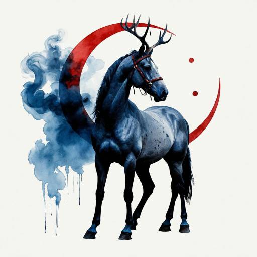 Mystical Horse with Antlers and Red Crescent Moon