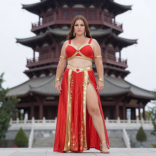 Plus Size Woman in Red Gold Costume