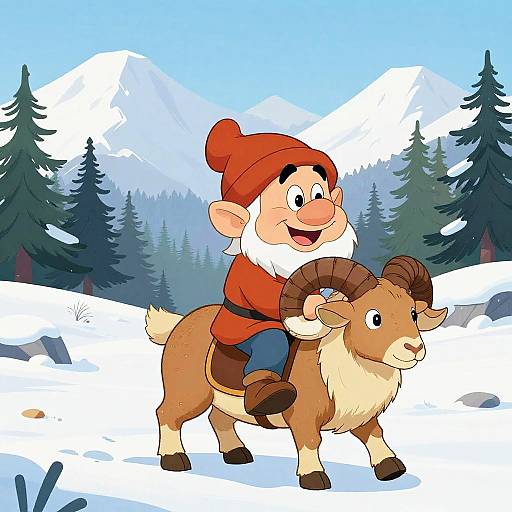 Cartoon of a smiling gnome with red hat and beard riding a brown ram with curved horns in a snowy mountain landscape.