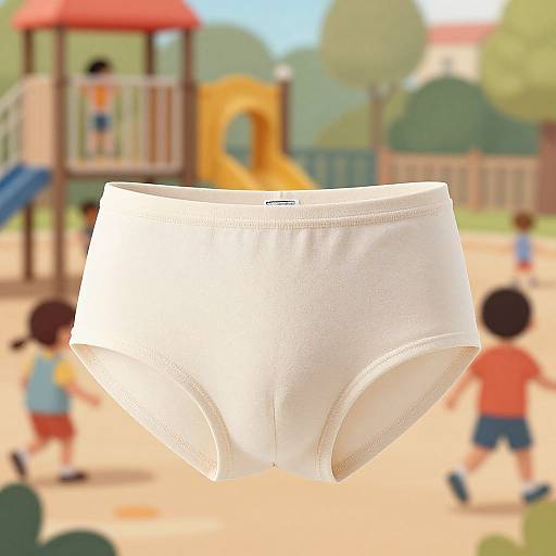 Photorealistic CGI of white underwear floating in front of a blurred, colorful playground with children playing in the background.
