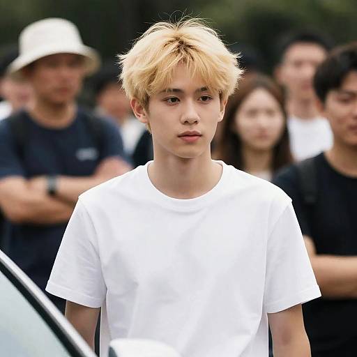 Young Man Beside a Car in Crowd