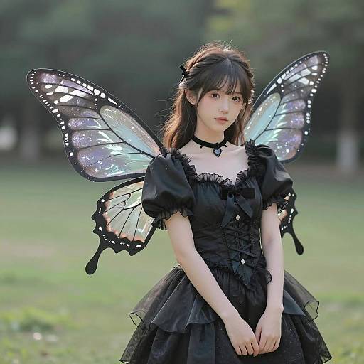 Asian Girl in Dark Fairy Wings Costume