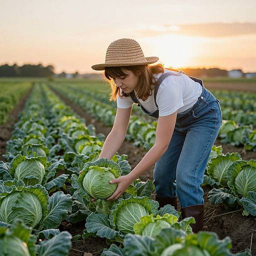 Photograph of a young woman in a straw hat, white shirt, and blue overalls, bending to harvest green cabbage in a sunlit, expansive