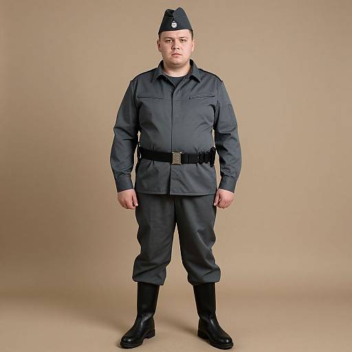 Photograph of a Caucasian male in a dark grey military-style uniform with black belt, boots, and cap, standing against a beige background. He has