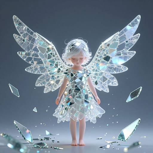 Digital CGI image of a small, barefoot, white-haired child with translucent, glass-like, crystalline wings, surrounded by floating glass shards against a