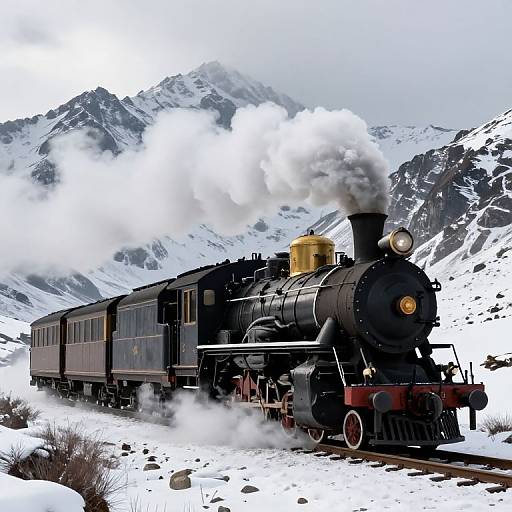 Vintage Steam Train in Snowy Mountains