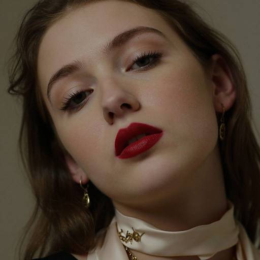 Close-up photograph of a fair-skinned woman with dark brown hair, red lipstick, and subtle eye makeup, wearing gold earrings and a cream satin ch