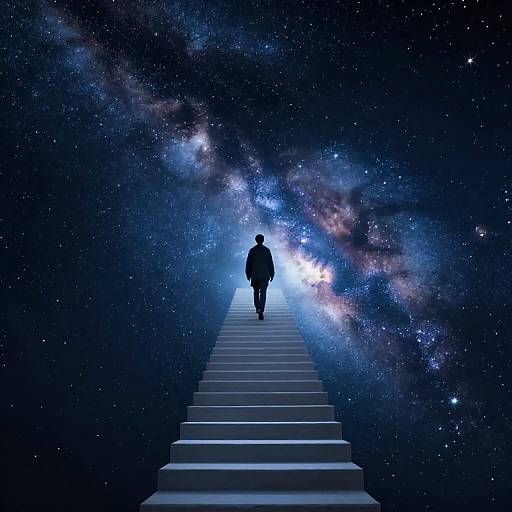 Silhouetted figure walks up glowing, cosmic stairway in dark, star-filled space, with vibrant Milky Way stretching across the galaxy background. Digital