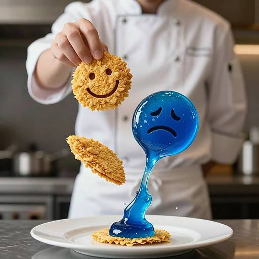 Photograph of a chef in white uniform, holding a smiley cookie, placing it on a blue, sad-faced glass figurine on a plate.