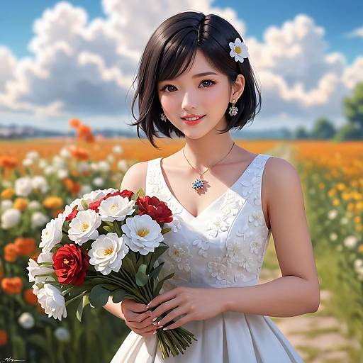 Smiling Black-Haired Girl with Bouquet
