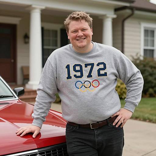 Smiling Man by Vintage Red Car