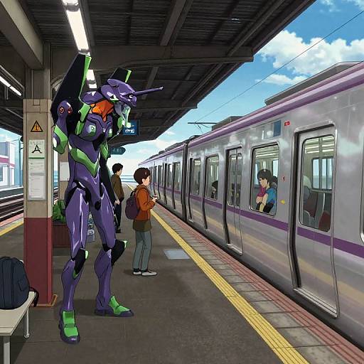 Digital drawing of a futuristic, purple and green mecha standing on a train platform, with two humans waiting by a silver train.