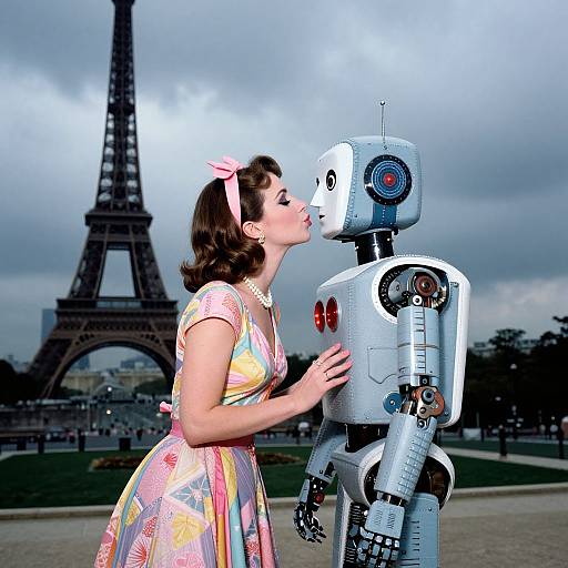 Photograph-like digital illustration: Vintage woman in floral dress kissing silver robot, Eiffel Tower in cloudy background, pink headband, romantic atmosphere.