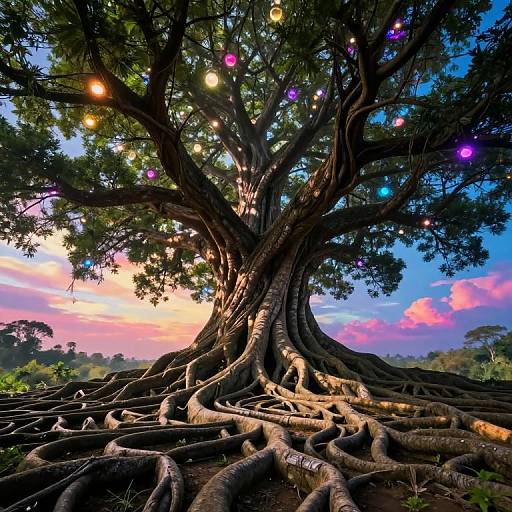 Photograph of a large, ancient tree with twisting, exposed roots, adorned with colorful string lights against a vibrant sunset sky.