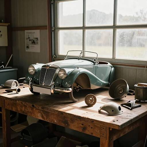 Photograph of a vintage blue convertible car model on a wooden workbench, illuminated by sunlight through large windows in a rustic workshop.