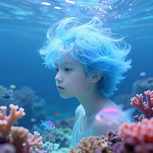 Photograph of a young boy with blue-tinted, wavy hair underwater, surrounded by colorful coral reefs and small fish, gazing intently