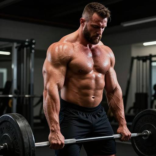 Photograph of a muscular, shirtless, bearded man with glistening, oiled skin, lifting a heavy barbell in a dimly lit