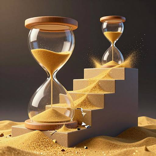 Photograph of two glass hourglasses with wooden tops, placed on sandy stairs, surrounded by golden sand, against a dark background.
