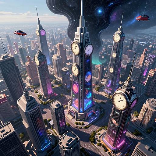 Aerial CGI of a futuristic city with neon-lit skyscrapers, clock towers, and UFOs, set against a cosmic, starry backdrop
