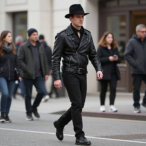 Photograph of a confident, fair-skinned man in black leather jacket, pants, and hat, walking on a city street with blurred pedestrians in the