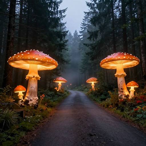 Photograph of a forest path flanked by large, glowing, orange-red, fairy-lit mushrooms under a twilight sky, surrounded by tall, dark