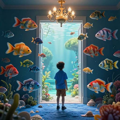 Photograph of a child with curly hair, wearing blue shirt and brown pants, standing in a room filled with colorful fish and coral, facing an open