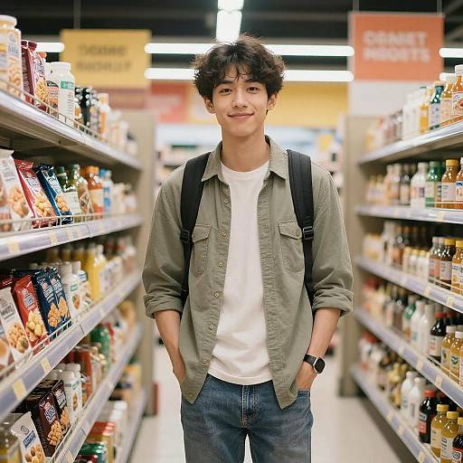 Confident Young Man in Vibrant Grocery Store