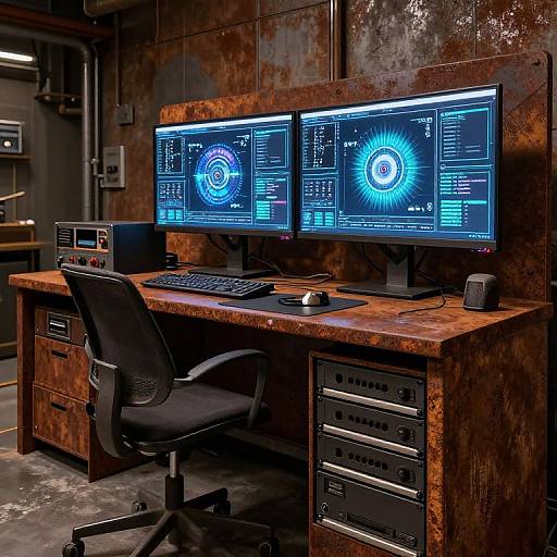 Photograph of a modern, industrial-style computer workstation with dual blue-lit monitors, black ergonomic chair, wooden desk, and server rack against a rust
