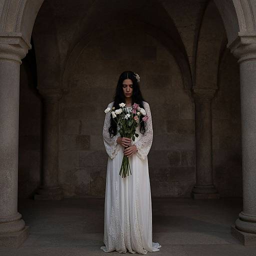 Photograph of a dark-haired woman in a white lace wedding dress, holding a bouquet of white and pink flowers, standing in a dimly lit stone
