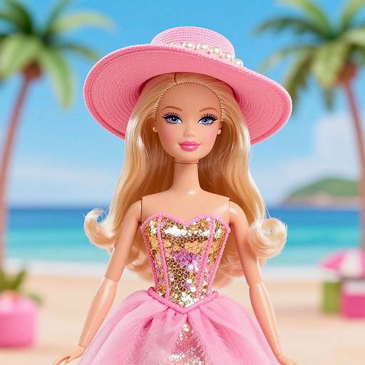 Photorealistic doll with long blonde hair, blue eyes, pink wide-brimmed hat, sequined strapless pink dress, standing on sunny beach
