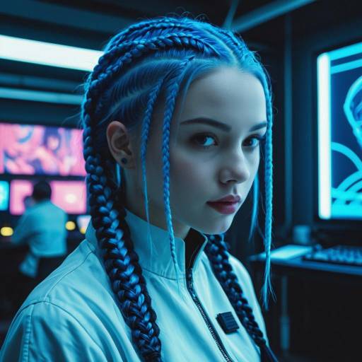 Portrait of Android Girl with Blue Glowing Cornrows