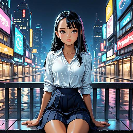 Digital anime-style drawing of a young Asian woman with long black hair, wearing a white shirt and navy skirt, sitting on a city street at night,
