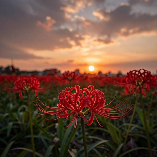 Photograph of vibrant red Kalanchoe flowers in a field at sunset, with the sun low in the sky, orange and purple hues in the