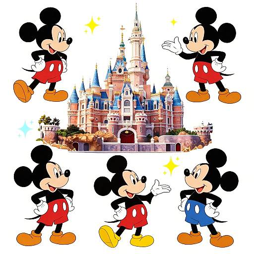 Digital illustration of five Mickey Mouse characters in red and blue shorts, surrounding Disney's Cinderella Castle with sparkles.