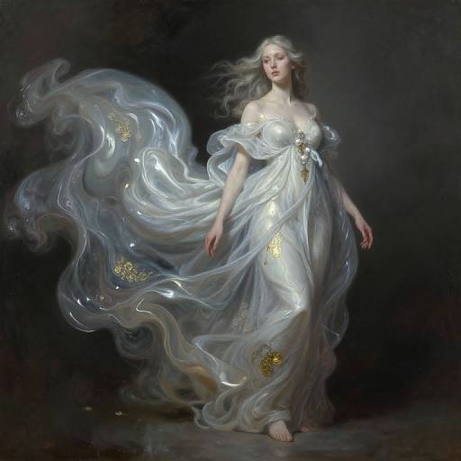 Digital painting of a ethereal white-haired woman in a flowing, translucent, white gown adorned with gold accents, against a dark background.
