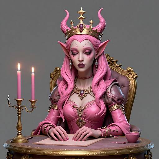 Digital art of a pink-haired, elven queen with horns, wearing a crown and pink dress, writing at a table with lit candles.