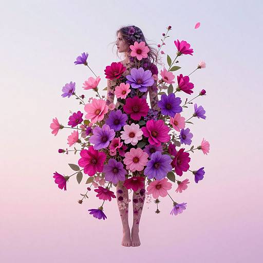 Digital art of a woman with long hair, covered in vibrant pink, purple, and magenta flowers, standing against a gradient white-to-pink background