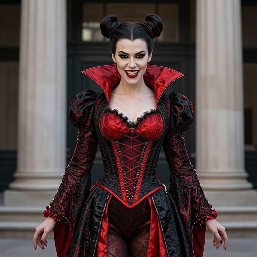 Photograph of a pale-skinned woman with black hair in double buns, wearing a red and black gothic corset dress with lace and r