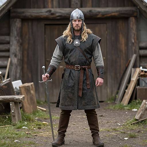 Medieval Viking warrior with long blond hair, silver helmet, black tunic, belt, holding sword, stands on dirt path in front of wooden barn