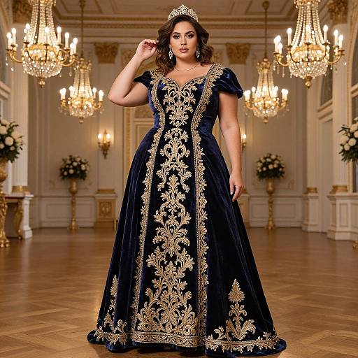 Photograph of a woman in a regal, navy blue, velvet gown with gold floral embroidery, wearing a tiara, standing in an elegant,